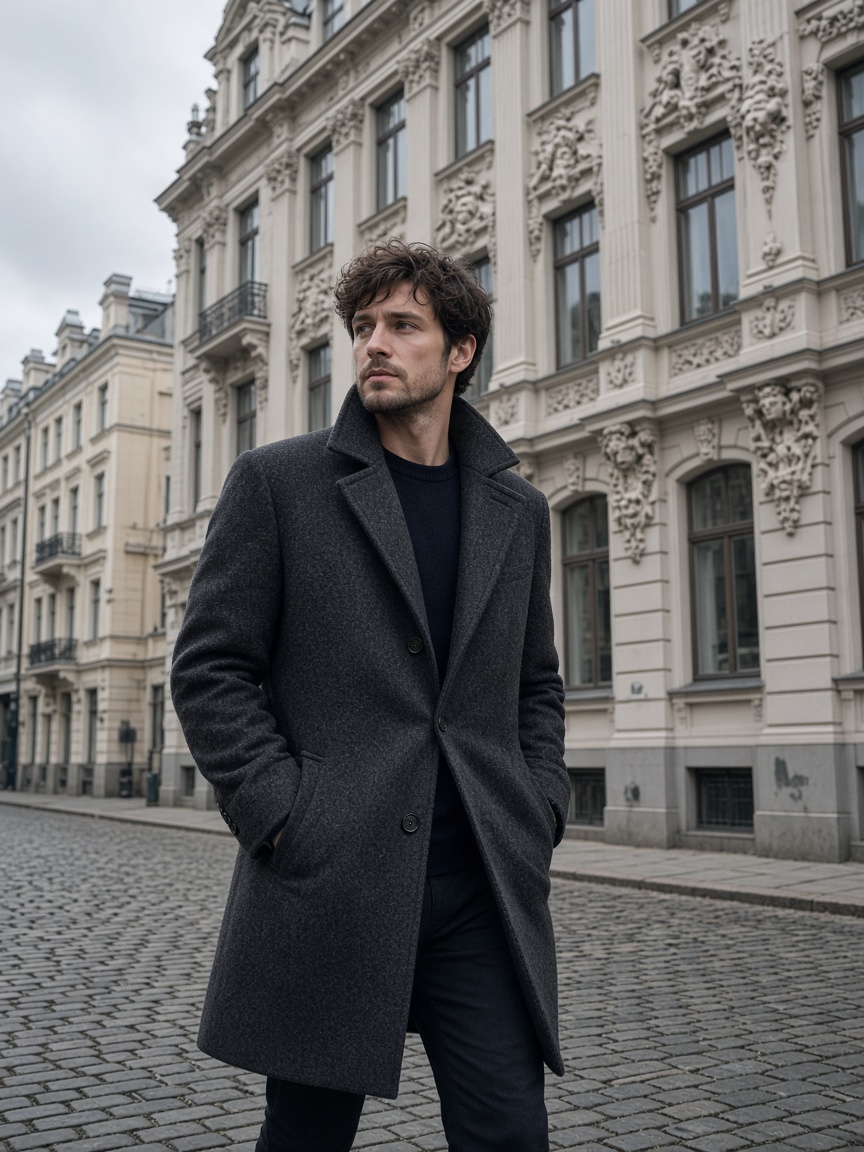 Charcoal coat, cobbles